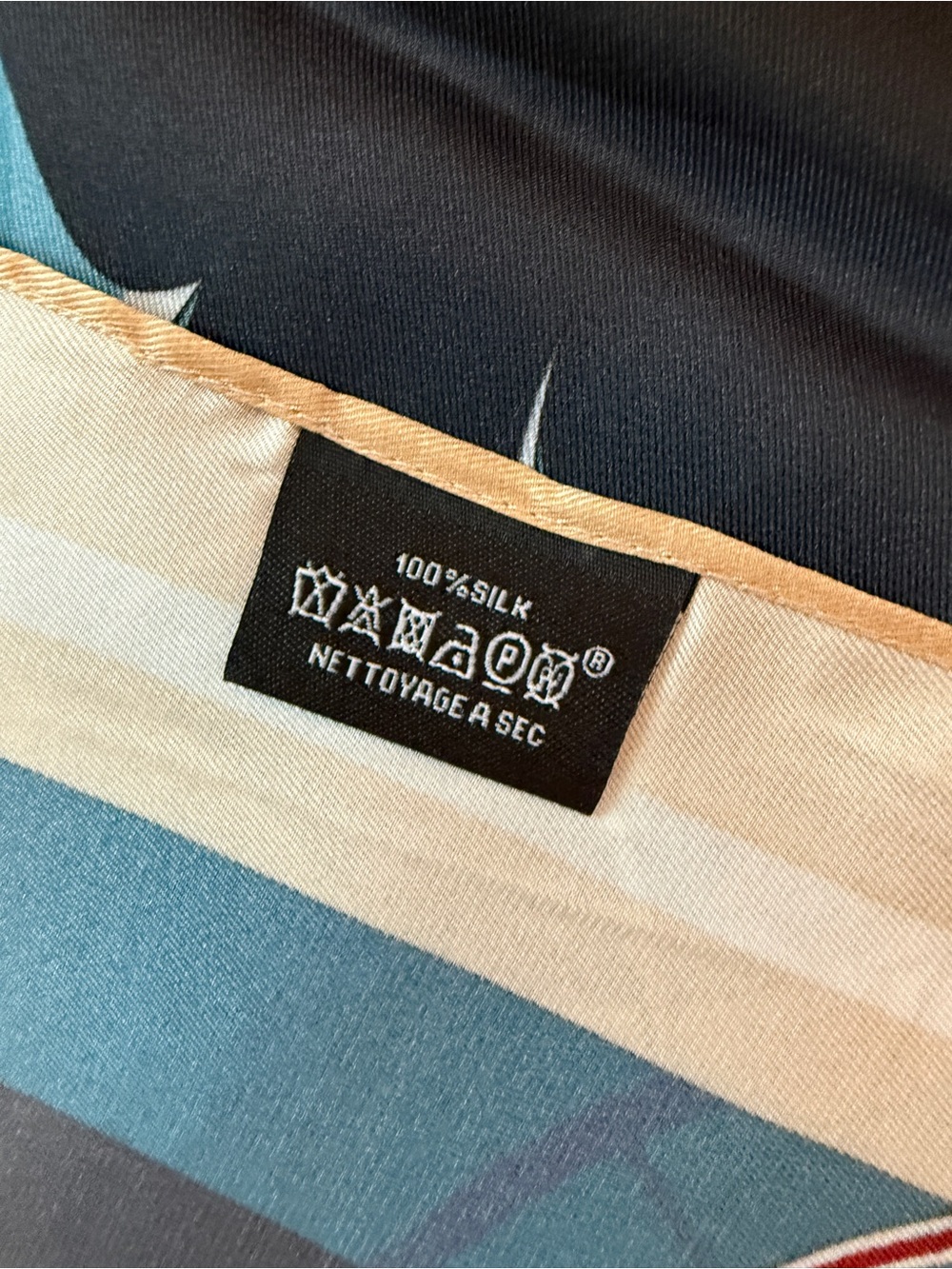 100% Silk 90cm Scarf with Carriage Wheel Motif - Navy, Beige, Red - Picture 9 of 9